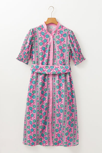 Pink Floral Puff Sleeve Buttoned Front Midi Dress with Sash. GCollection