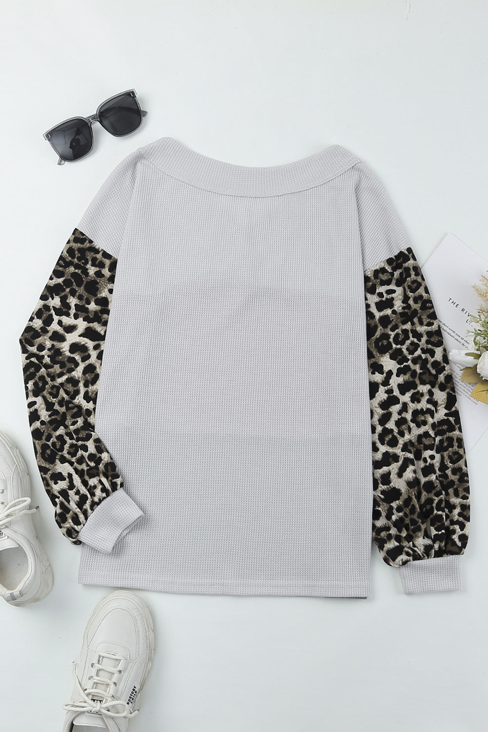 Leopard Contrast Sleeve Colorblock Waffle Knit Top. GCollection