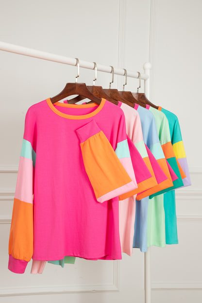 Rose Colorblock Long Sleeve Loose Top. GCollection