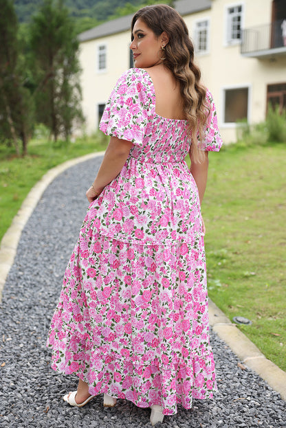 Pink Floral Print Smocked Puff Sleeve Dress. PSCollection