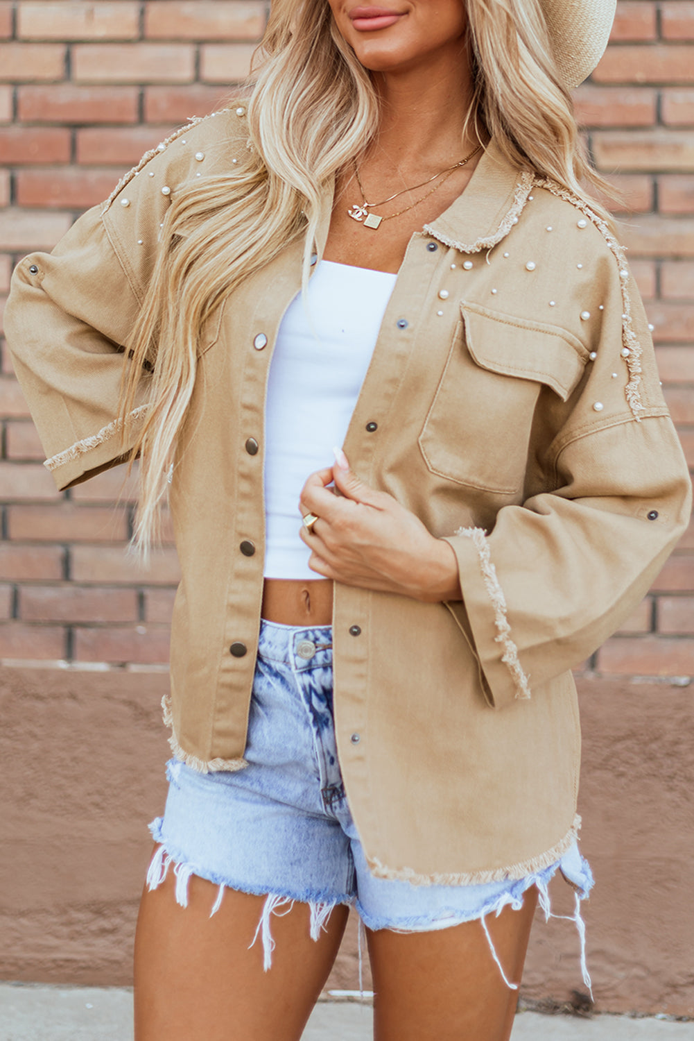 Khaki Pearl Beaded Button Up Denim Jacket. GCollection