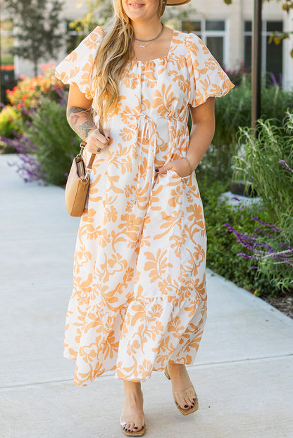 Apricot Floral Print Maxi Dress. PSCollectio