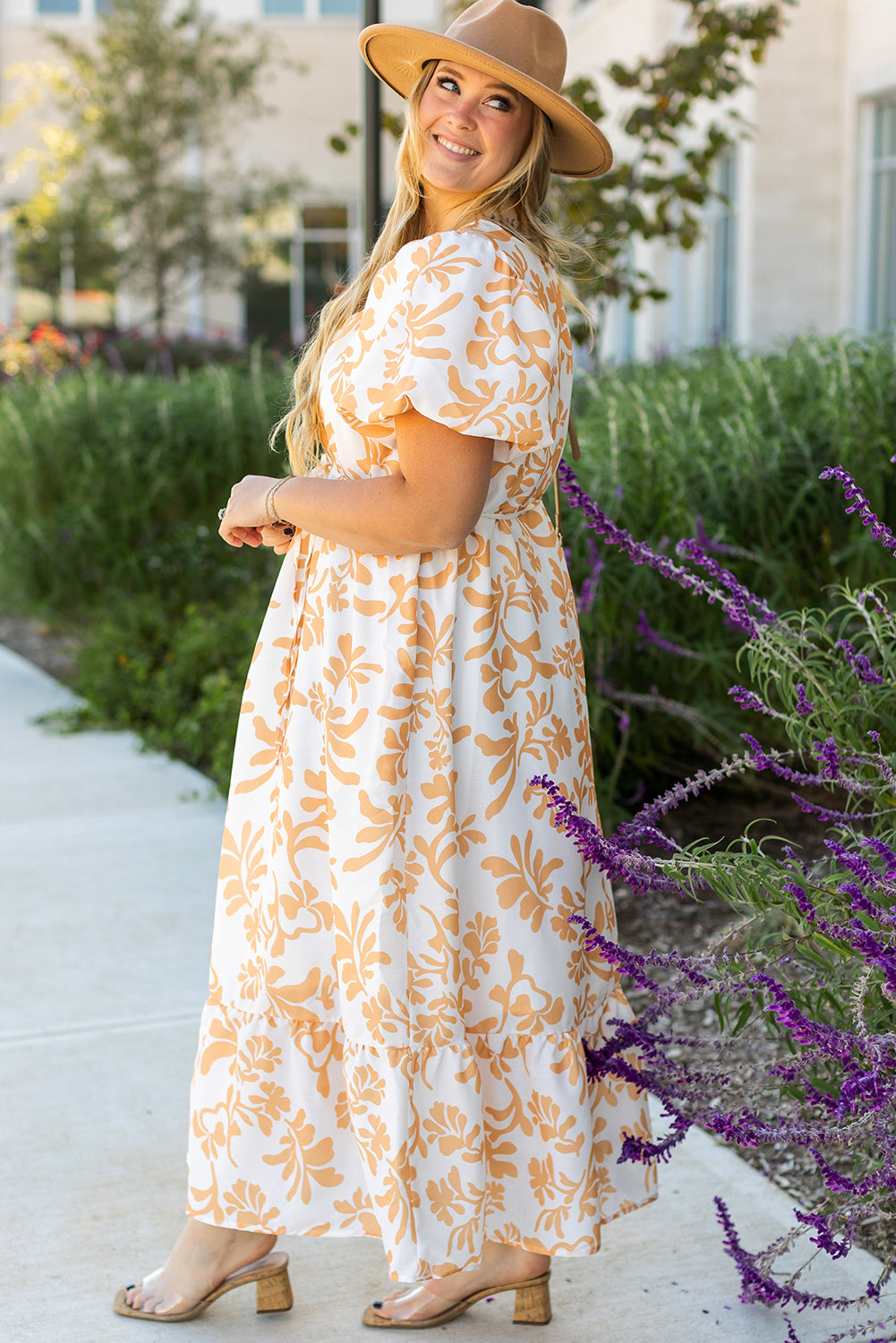 Apricot Floral Print Maxi Dress. PSCollectio