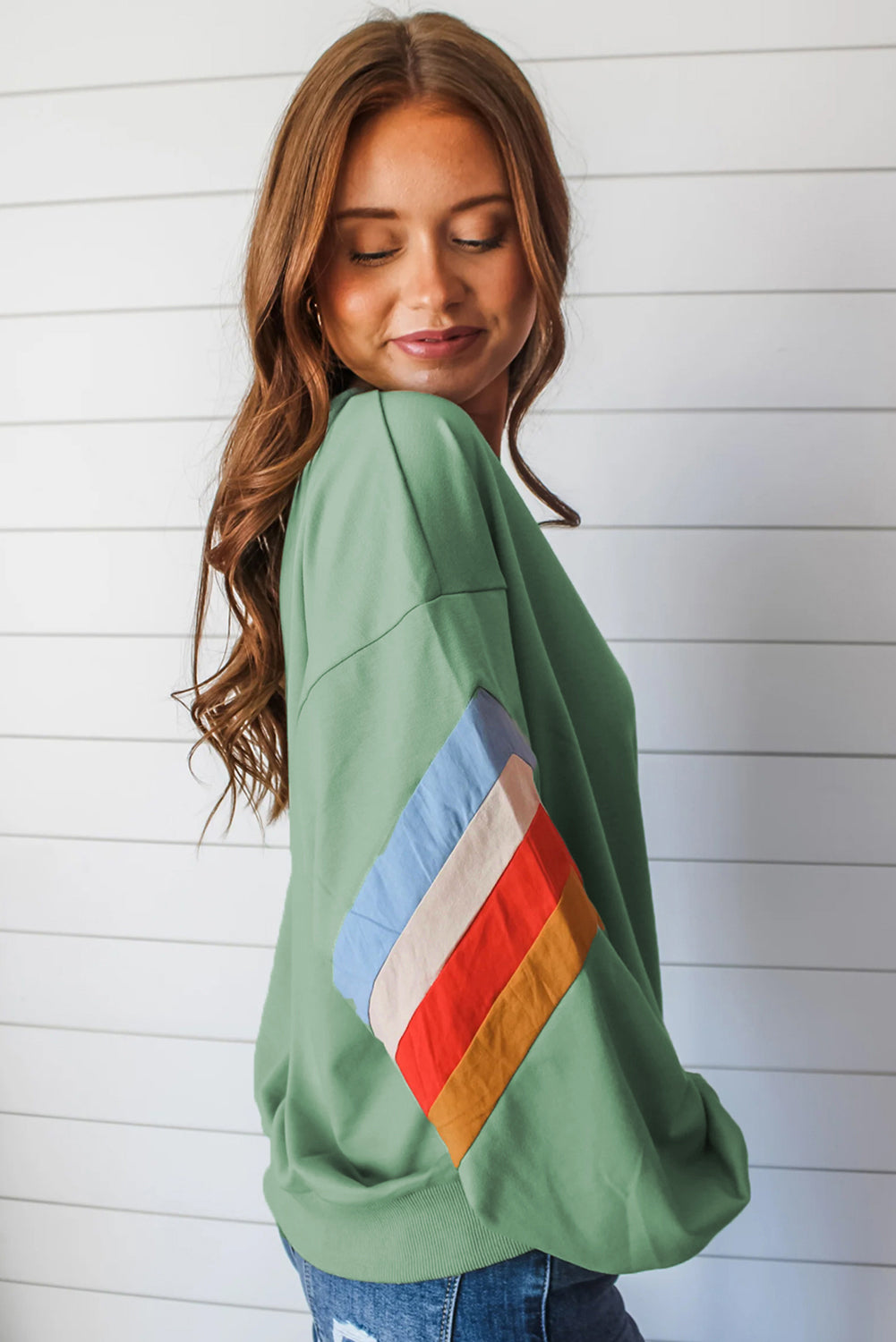 Rainbow Striped Sleeve Crew Neck Loose Sweatshirt. GCollection