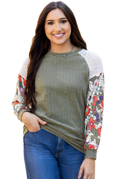 Green Floral Long Sleeve Ribbed Top. GCollection