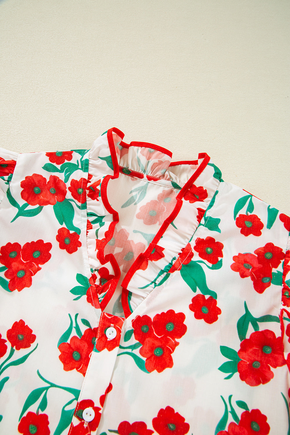 Red Floral Print Ruffled Puff Sleeve. GCollection