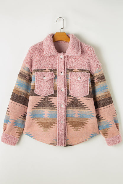 Pink Western Sherpa Splicing Buttoned Flap Pocket Coat. GCollection