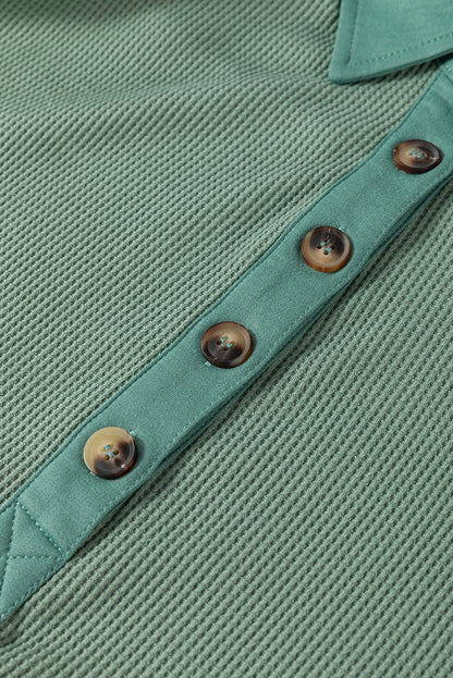 Smoke Green Waffle Half Button Loose Top. GCollection
