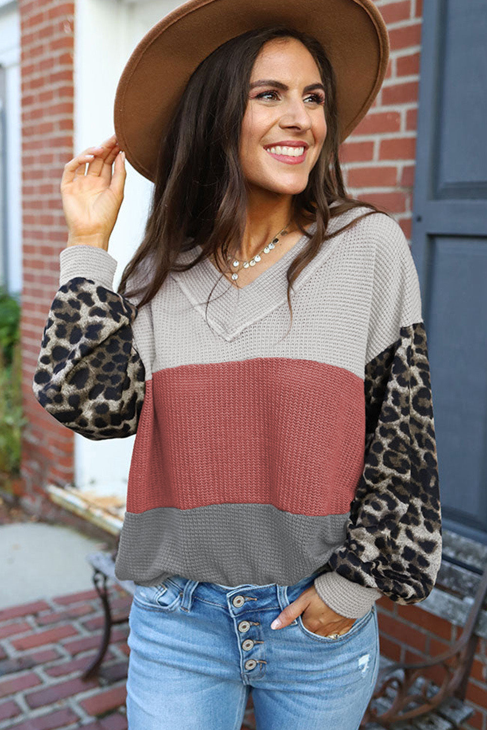 Leopard Contrast Sleeve Colorblock Waffle Knit Top. GCollection