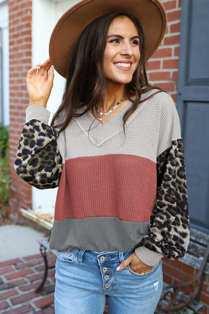 Leopard Contrast Sleeve Colorblock Waffle Knit Top. GCollection