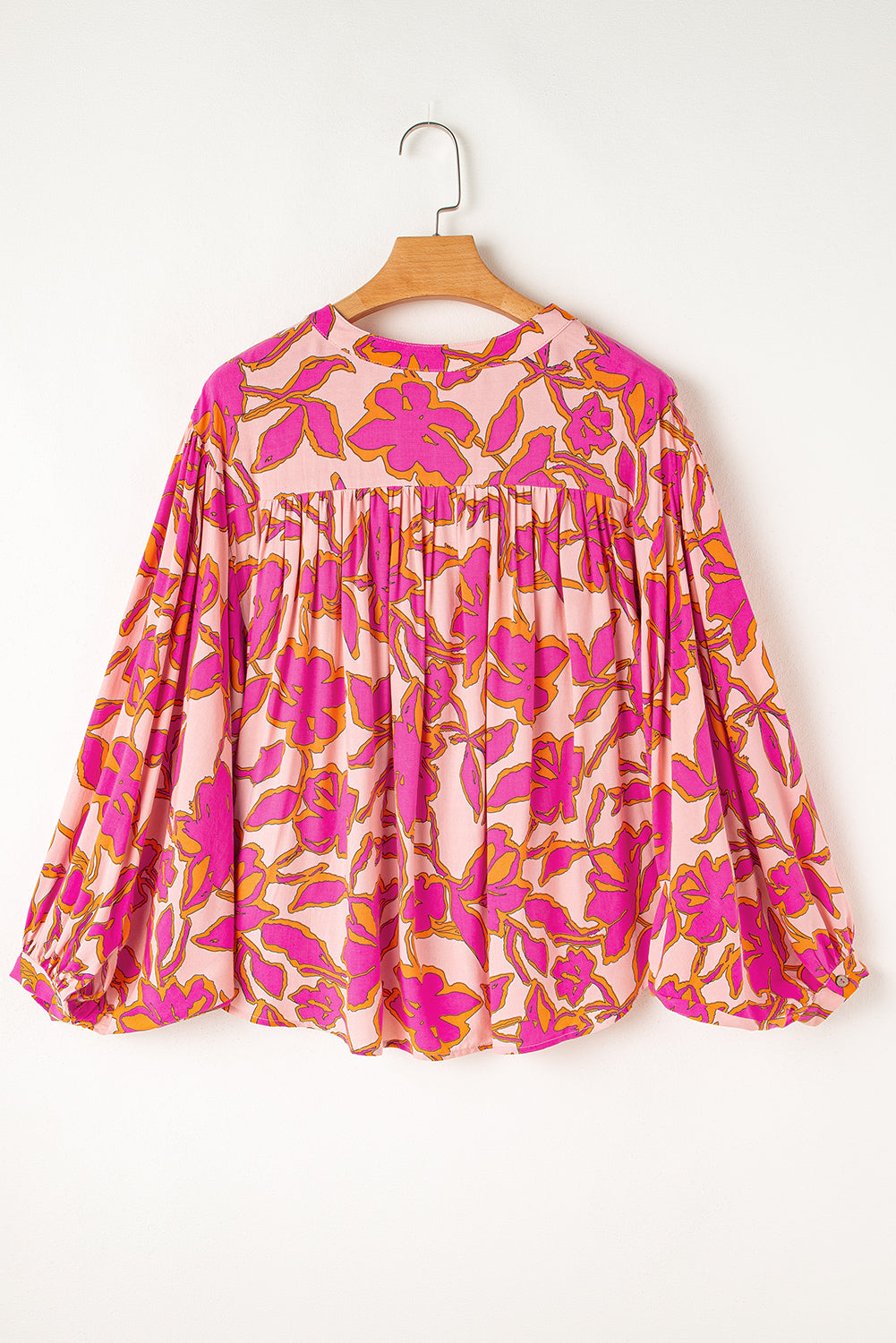 Pink Floral Print Batwing Sleeve Buttoned Loose Fit Shirt. GCollection