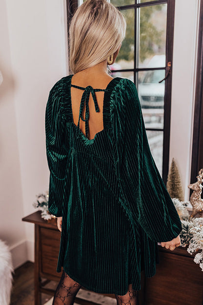 Green Square Neck Velvet Babydoll Dress. GCollection