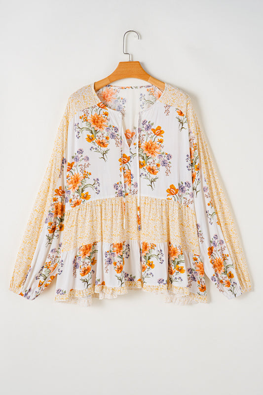 White Floral Print V Neck Puff Sleeve Blouse. PSCollection