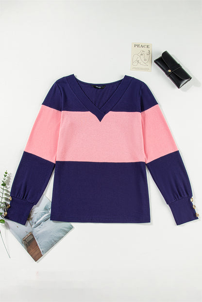 Blue Stripe Colorblock V Neck Top. GCollection