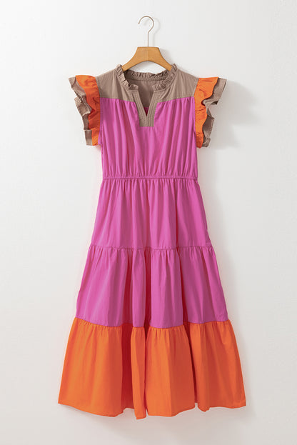 Color Block Tiered Neck Ruffle Sleeve Dress. GCollection