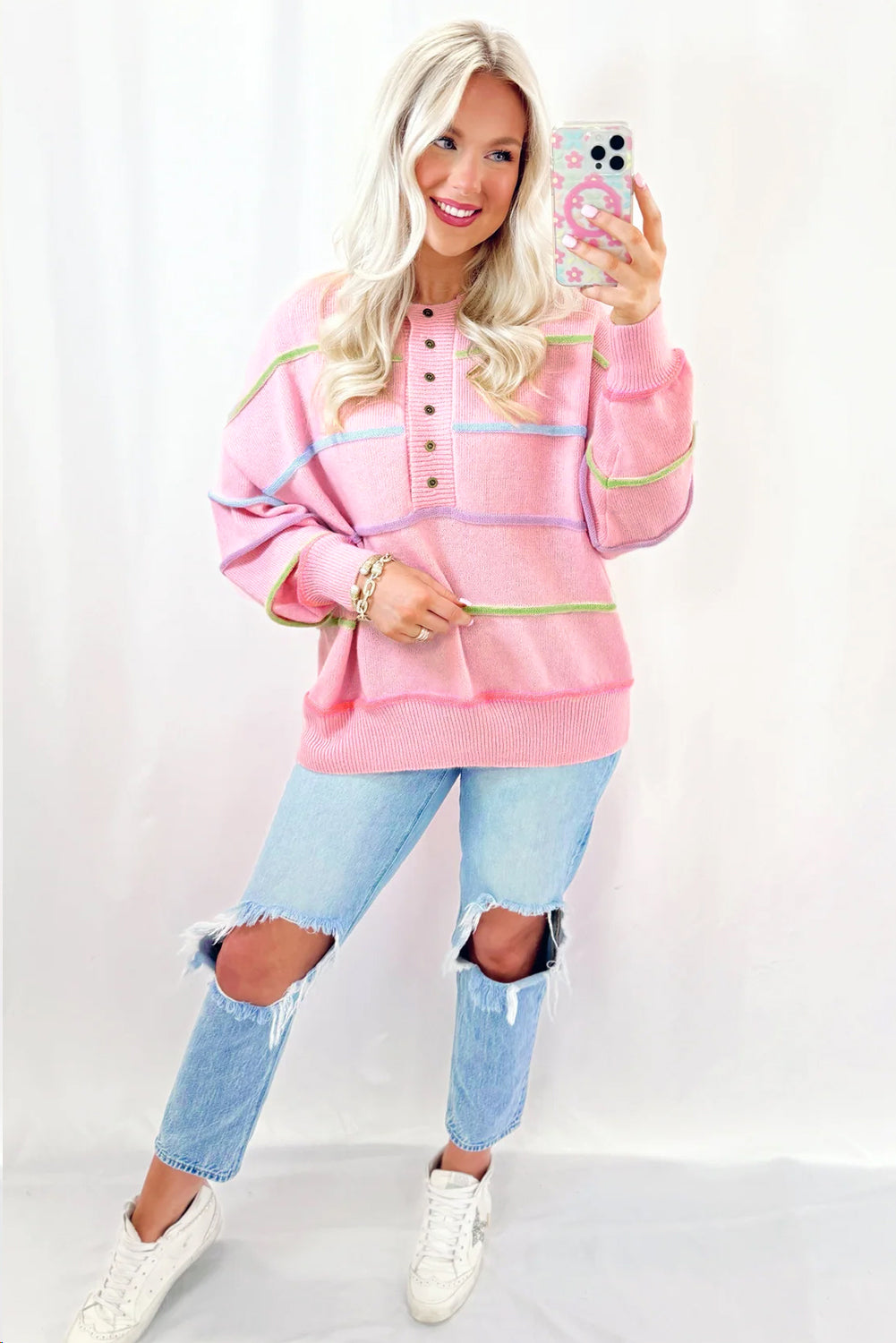 Pink Rainbow Stripes Drop Shoulder Baggy Sweater. GCollection