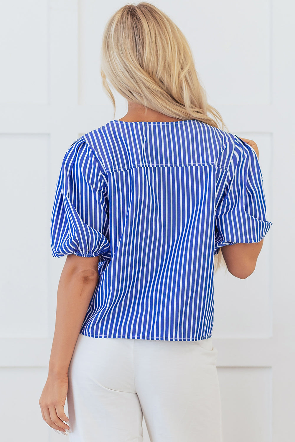 Blue Stripe Tied Front Puff Short Sleeve Blouse. GCollection