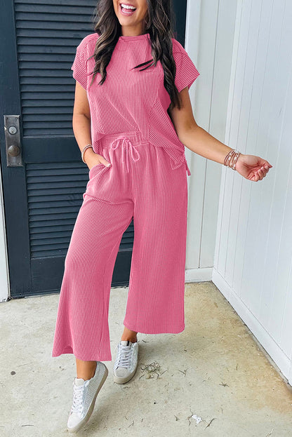 Bright Pink Solid Corded Knit Short Sleeve T Shirt and Wide Leg Pants Set. GCollection