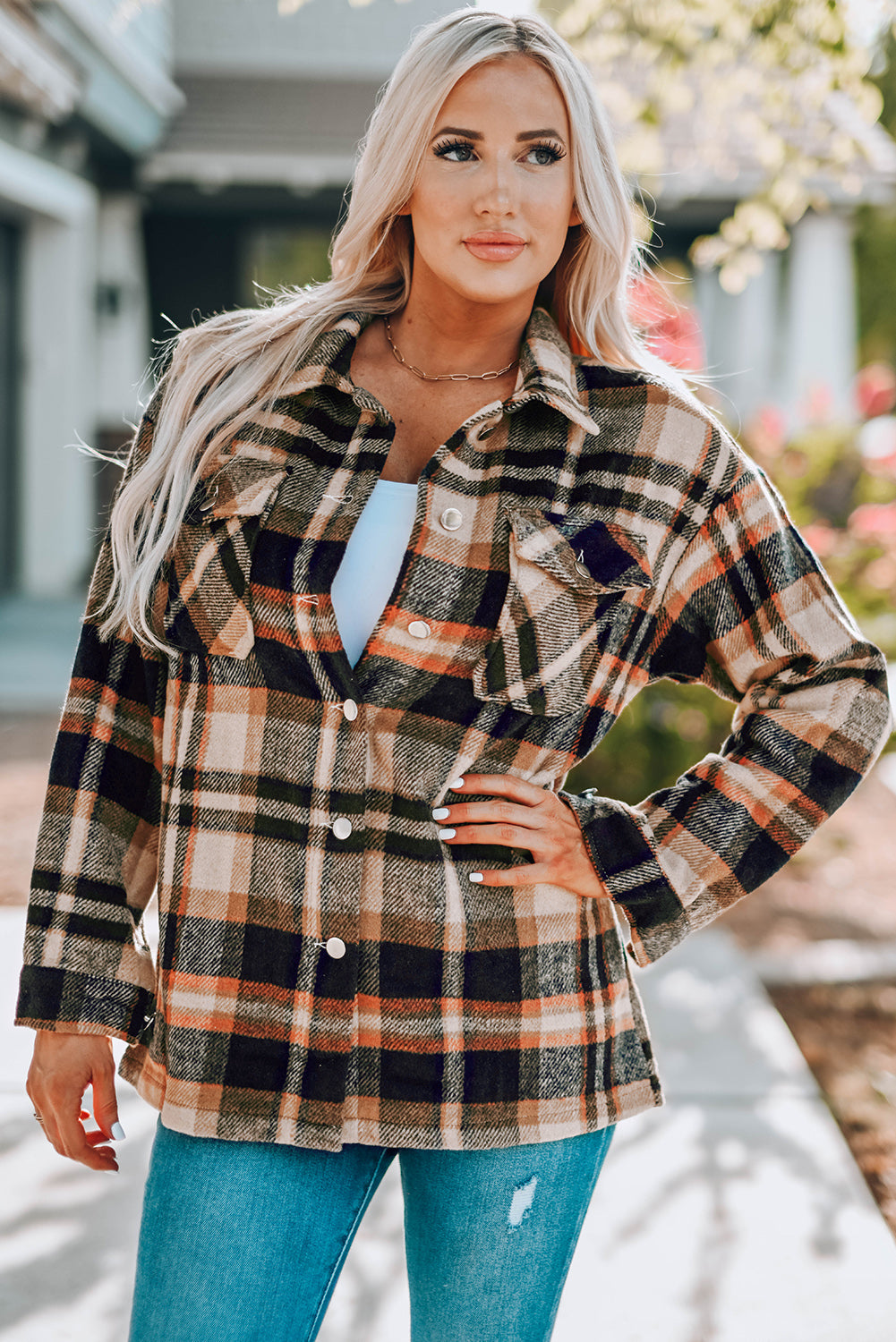 Orange Geometric Plaid Pocketed Shacket. GCollection