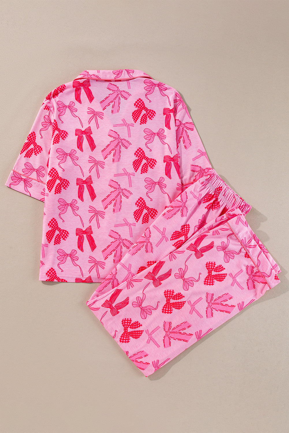 Pink Bow Knot Print Lapel Collar Short Sleeve and Pants Pajamas Set. GCollection