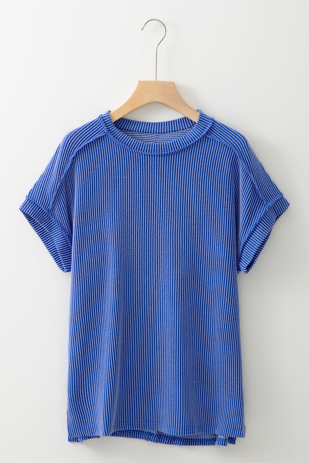 Dark Blue Textured Knit Exposed Stitching T-shirt. GCollection
