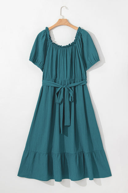 U Neck Puff Sleeve Belted Ruffle Hem Plus Size Midi Dress. PSCollection