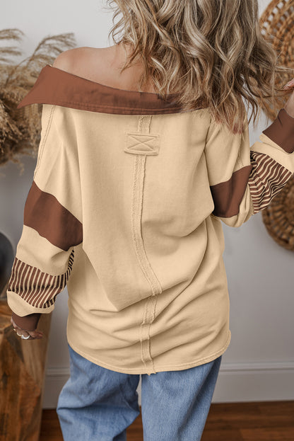 Light French Beige Striped Colorblock Patchwork Collar Sweatshirt. GCollection