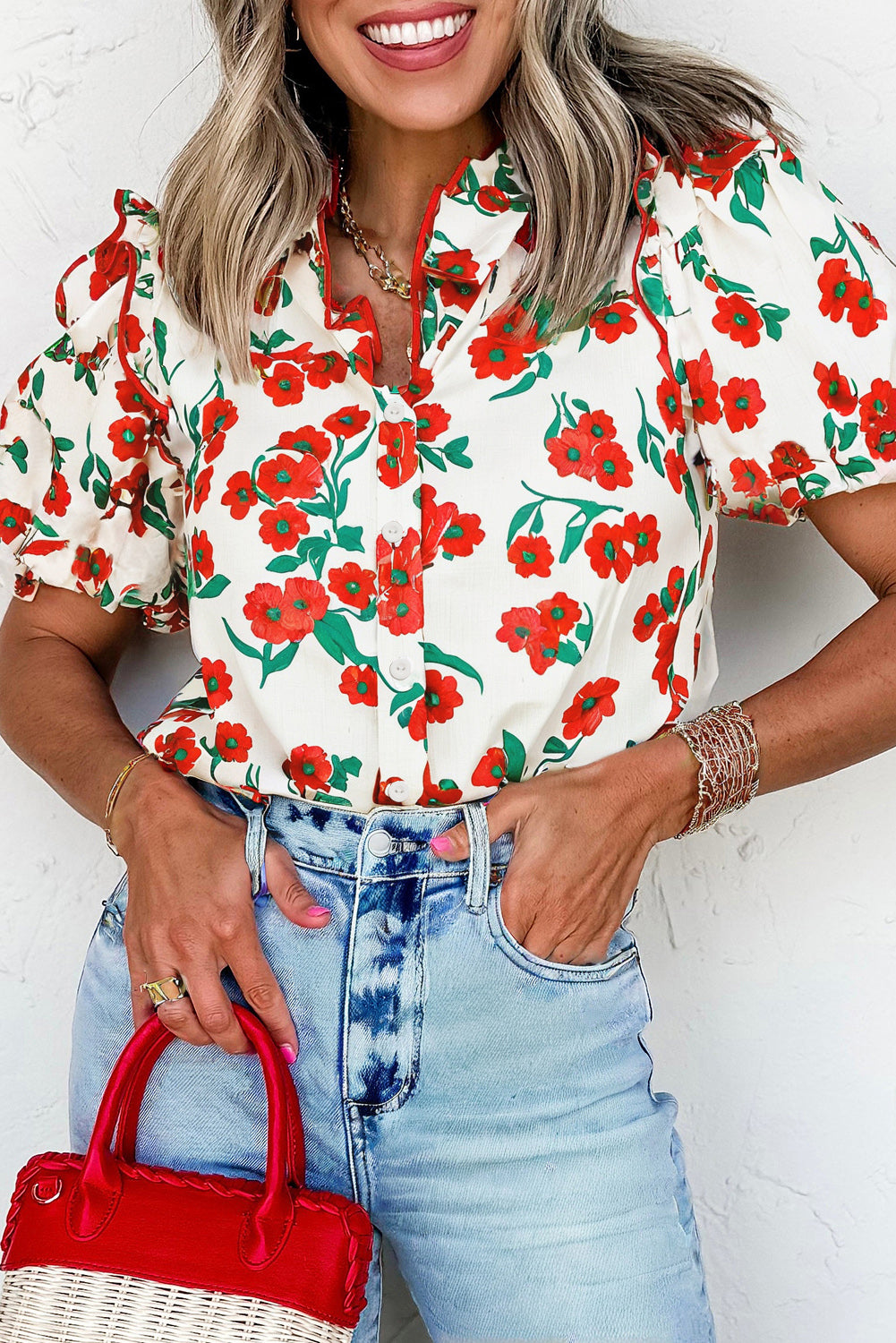 Red Floral Print Ruffled Puff Sleeve. GCollection