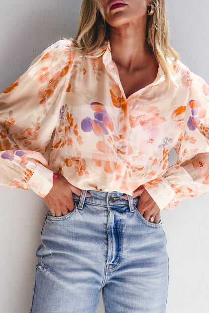 White Floral Print Balloon Sleeve Loose Shirt. GCollection