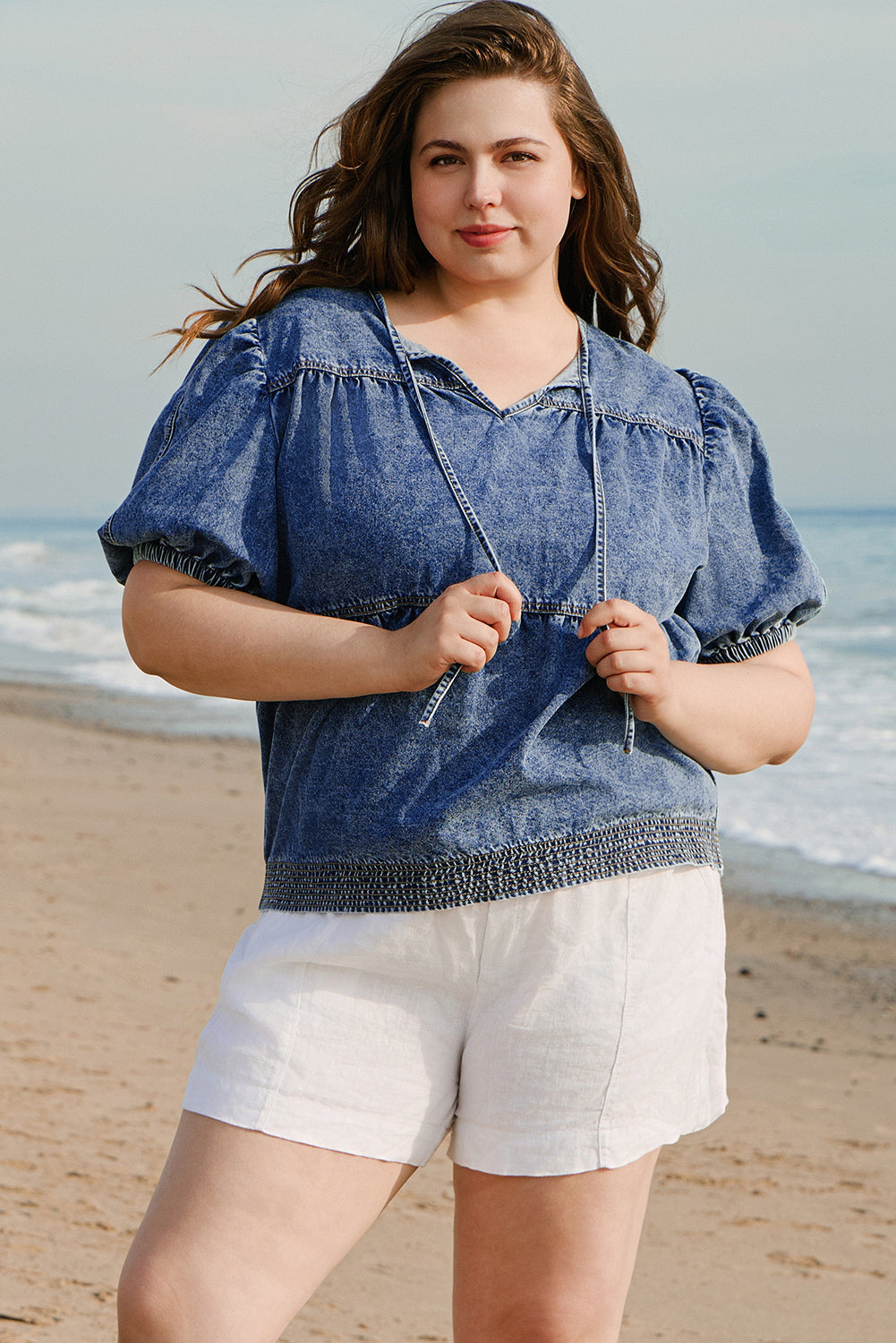 Sail Blue Plus  V Neck Puff Sleeve Denim Blouse. PSCollection