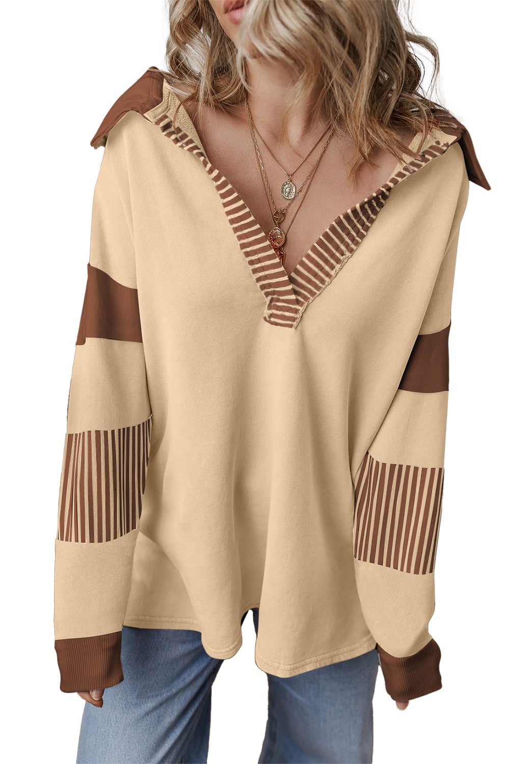 Light French Beige Striped Colorblock Patchwork Collar Sweatshirt. GCollection