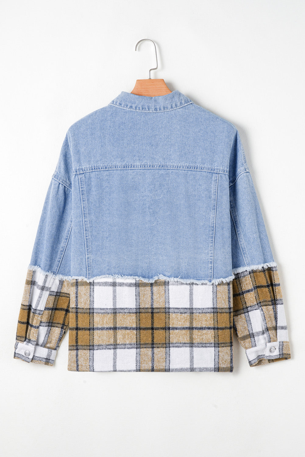 Khaki Plaid Patchwork Buttoned Oversized Denim Jacket. GCollection