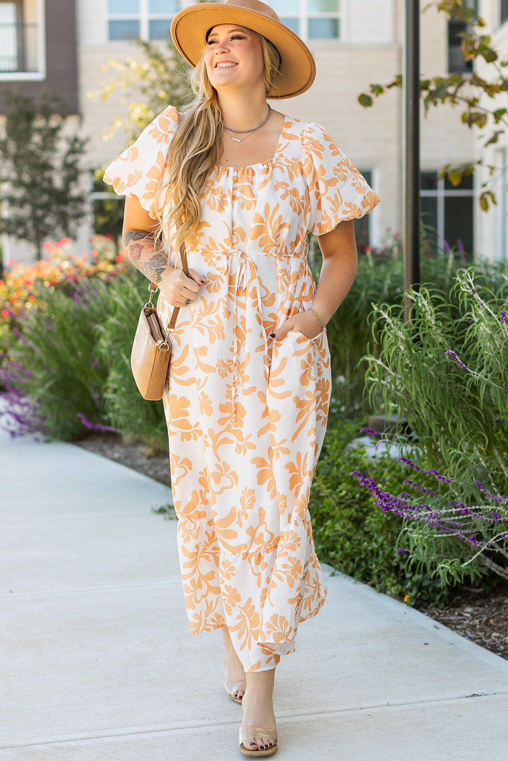 Apricot Floral Print Maxi Dress. PSCollectio