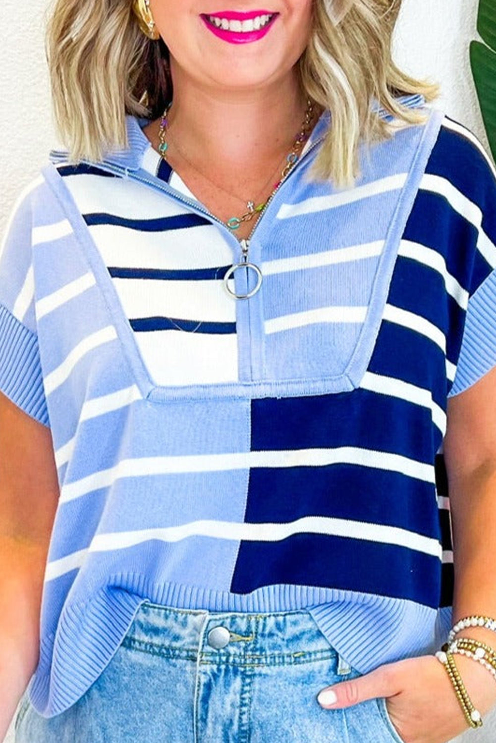 Sky Blue Stripe Colorblock Top