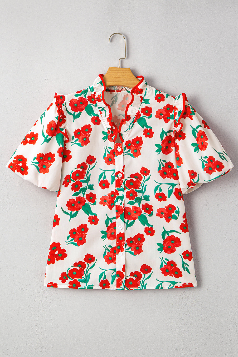 Red Floral Print Ruffled Puff Sleeve. GCollection
