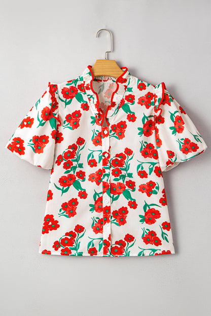 Red Floral Print Ruffled Puff Sleeve. GCollection