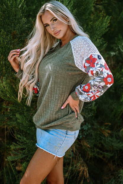 Green Floral Long Sleeve Ribbed Top. GCollection