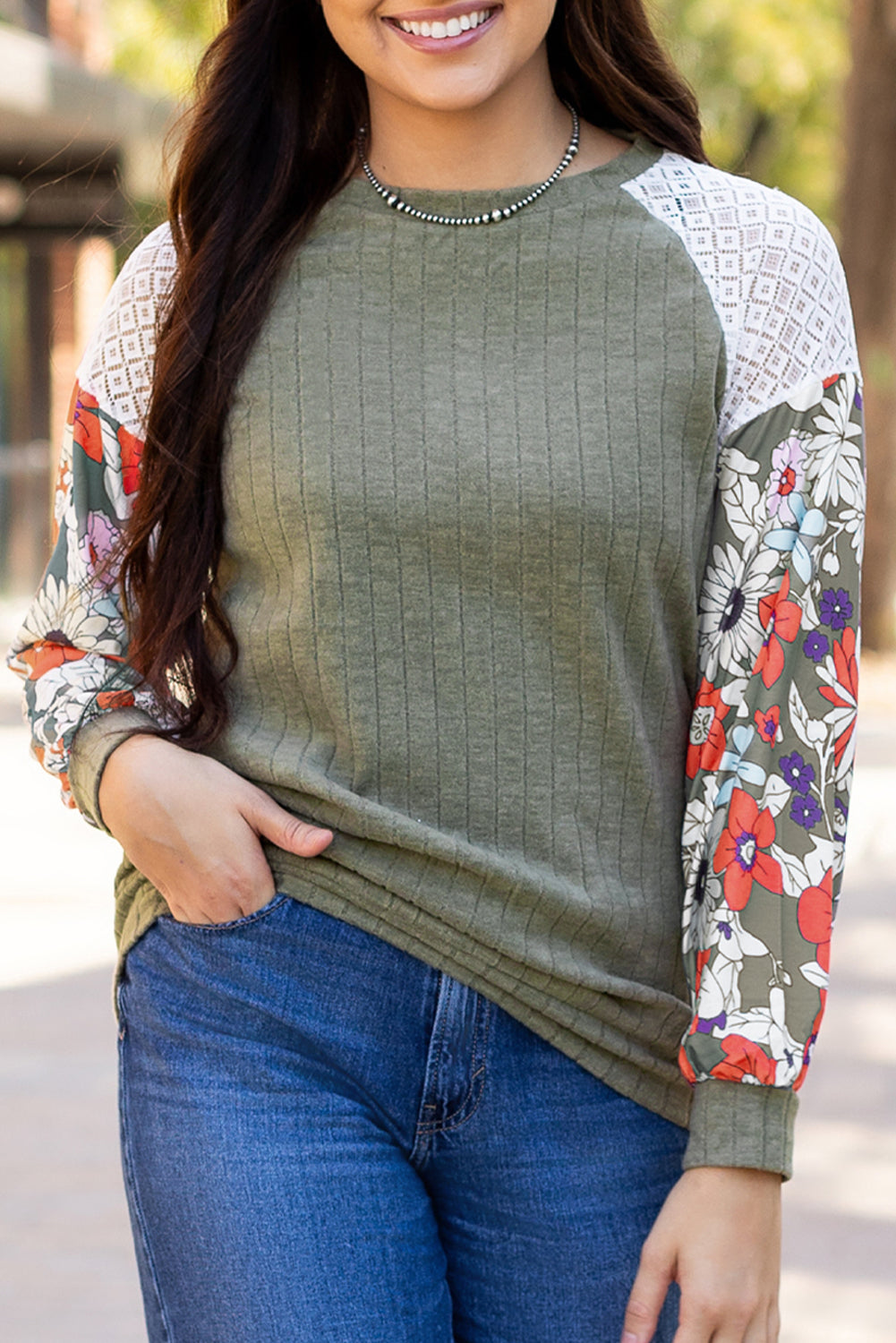 Green Floral Long Sleeve Ribbed Top. GCollection