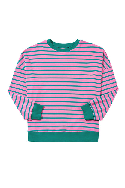 Pink Stripe Waffle Knit Crew Neck Plus Size Sweatshirt. PS Collection