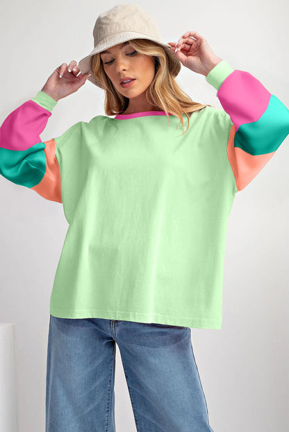 Green Colorblock Long Sleeve Loose Top. GCollection