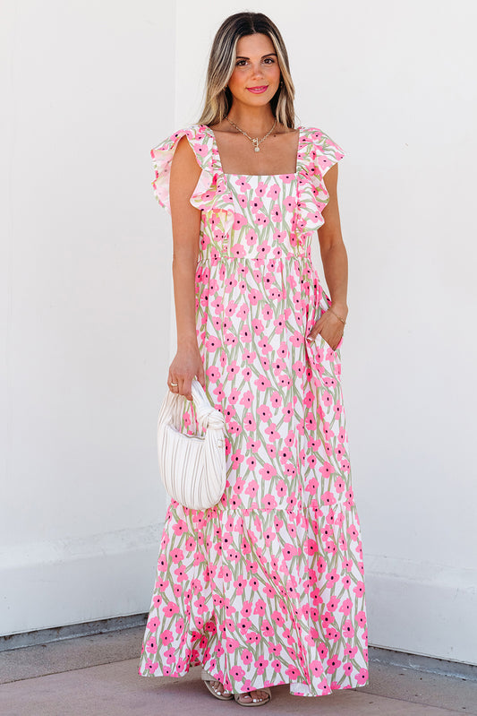 Pink Floral Print Square Neck Ruffled Strap Maxi Dress. GCollection