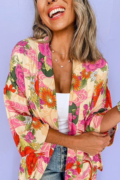 Pink Floral Allover Print Open Front Belted Duster Kimono. GCollection