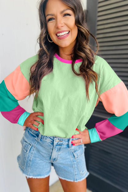 Green Colorblock Long Sleeve Loose Top. GCollection