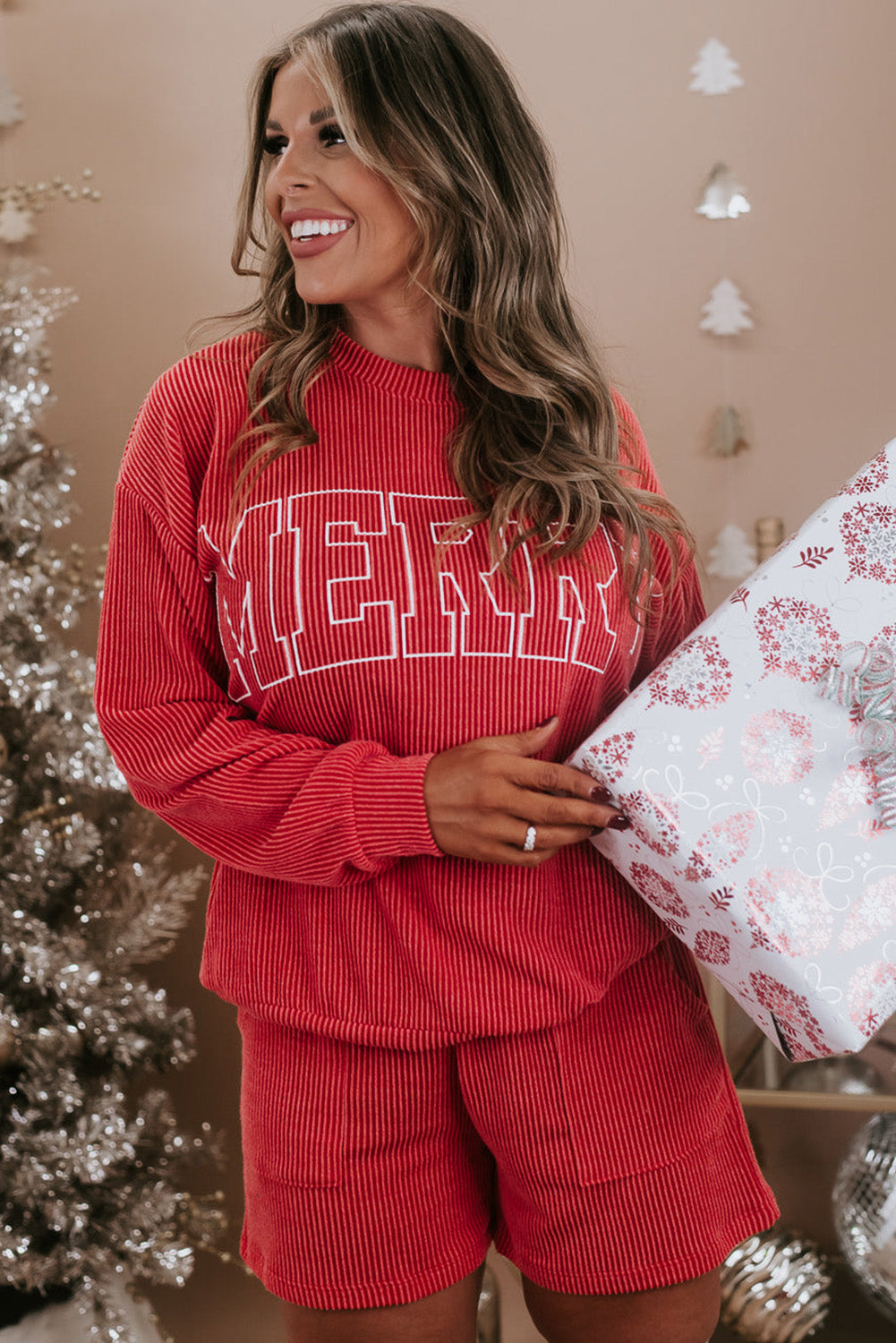 Red MERRY Ribbed Knit Long Sleeve Plus Size Set. GCollection