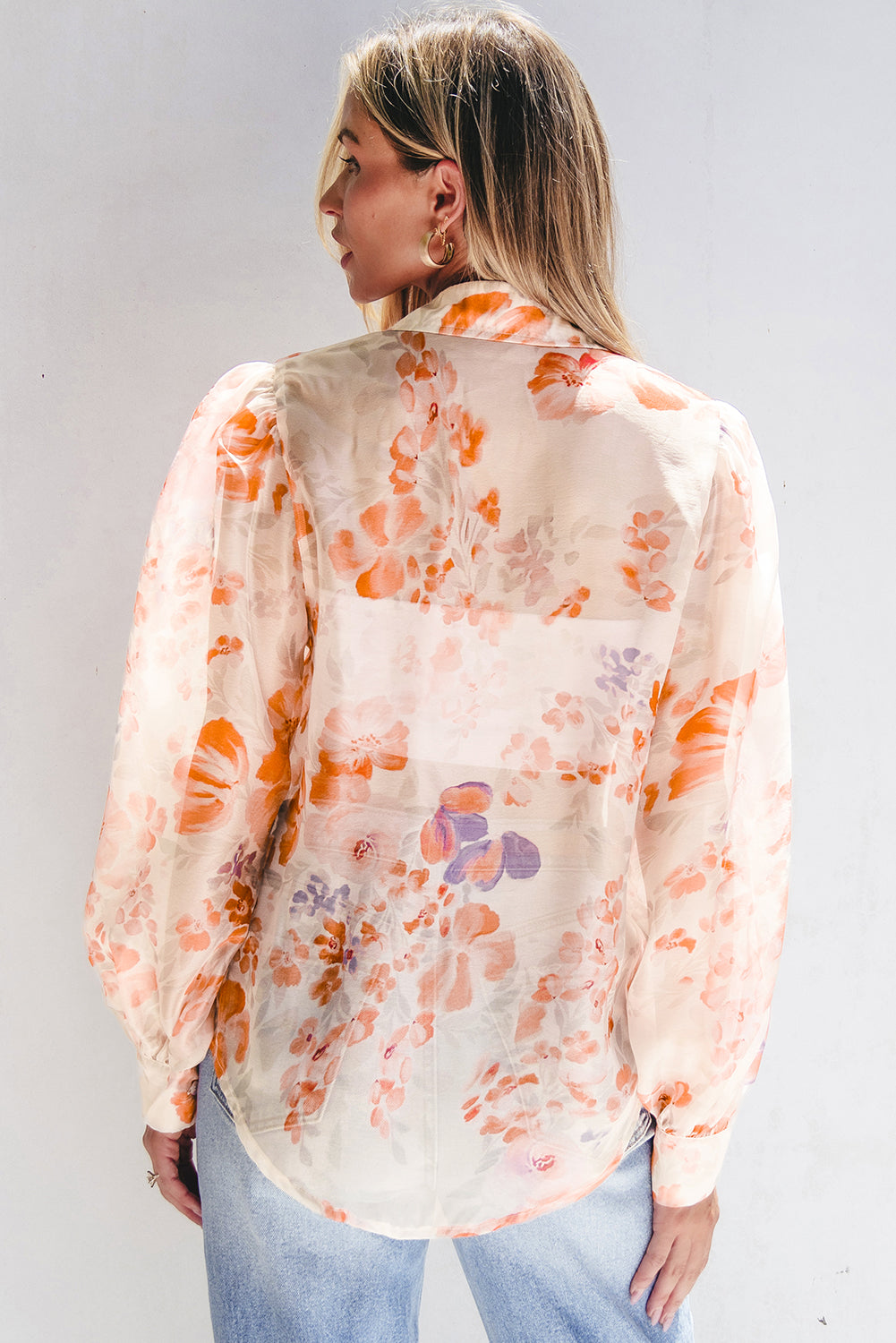 White Floral Print Balloon Sleeve Loose Shirt. GCollection