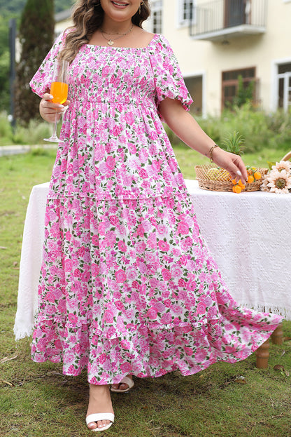 Pink Floral Print Smocked Puff Sleeve Dress. PSCollection