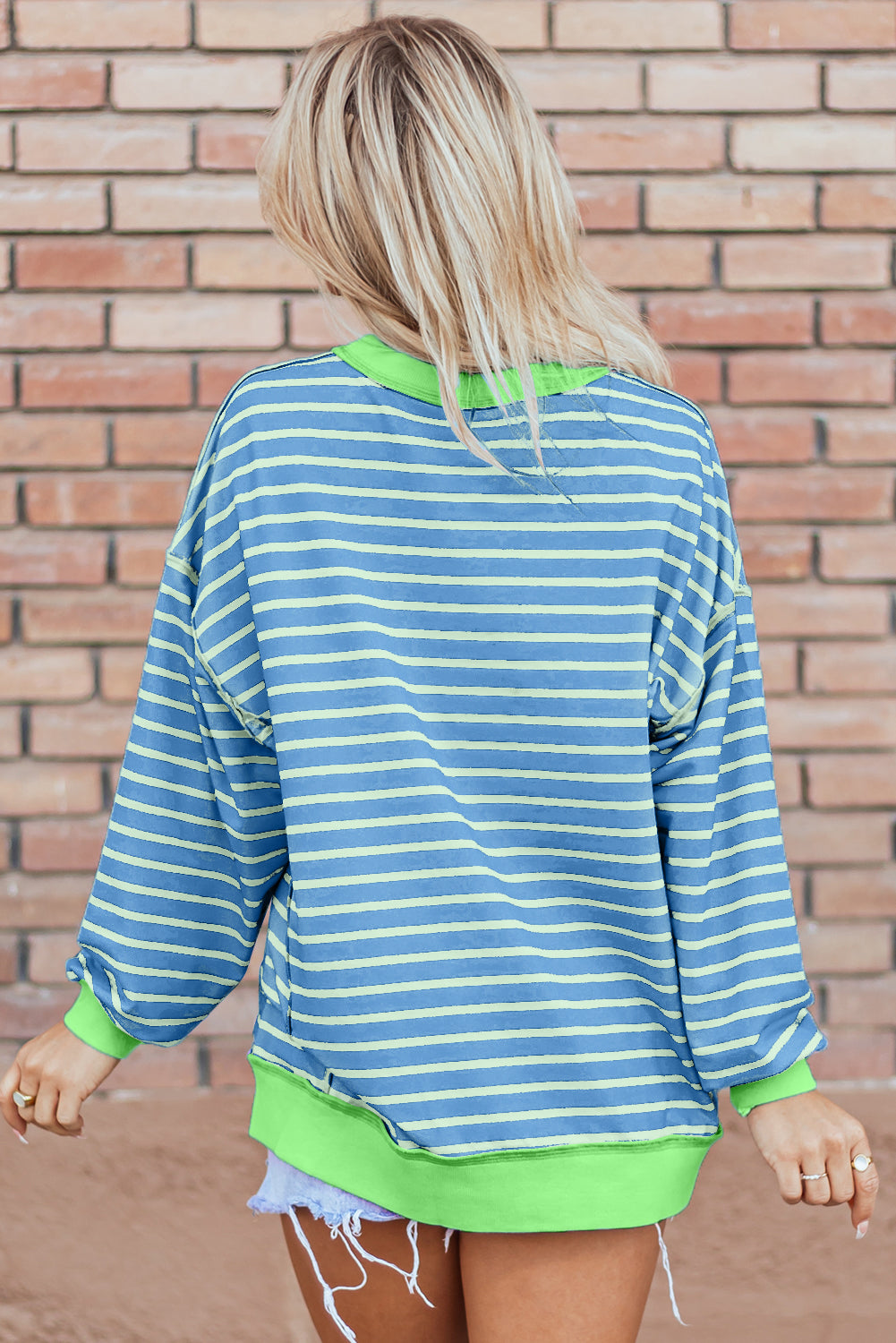 Sky Blue Stripe Contrast Trim High Tunic Sweatshirt. GCollection