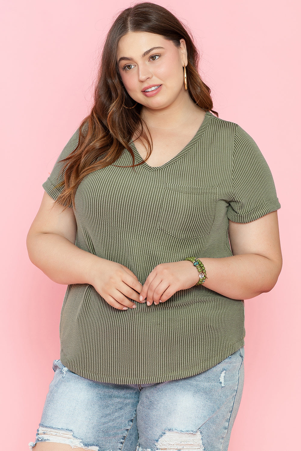 Mist Green Plus Corded V Neck Tee. PSCollection