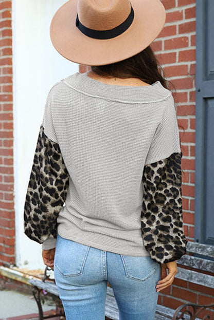 Leopard Contrast Sleeve Colorblock Waffle Knit Top. GCollection