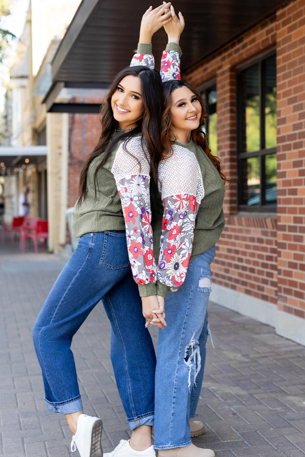 Green Floral Long Sleeve Ribbed Top. GCollection